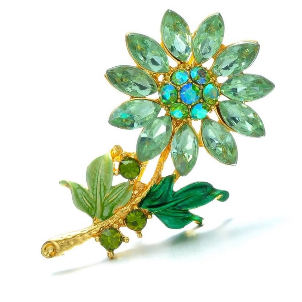 Sparkly Golden Green Flower Pin Brooch